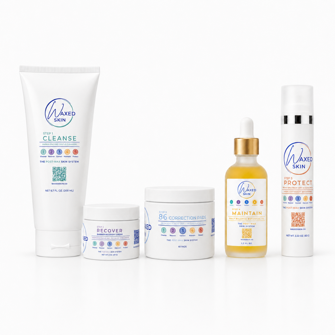 WAXEDSKIN Complete Post-Wax Skin System five-piece collection with Cleanse, Recover, Correct, Maintain, and Protect products on white background