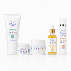 WAXEDSKIN Complete Post-Wax Skin System five-piece collection with Cleanse, Recover, Correct, Maintain, and Protect products on white background