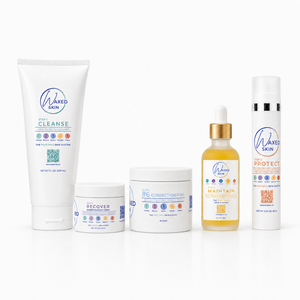 WAXEDSKIN Complete Post-Wax Skin System five-piece collection with Cleanse, Recover, Correct, Maintain, and Protect products on white background